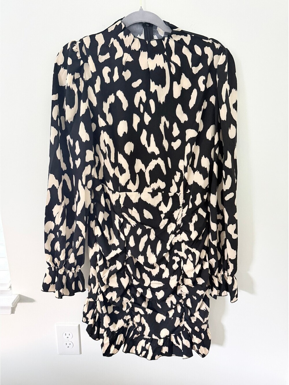 YOZY Women’s Large Black Cream Leopard Print Ruffle Mini Dress Long Sleeve